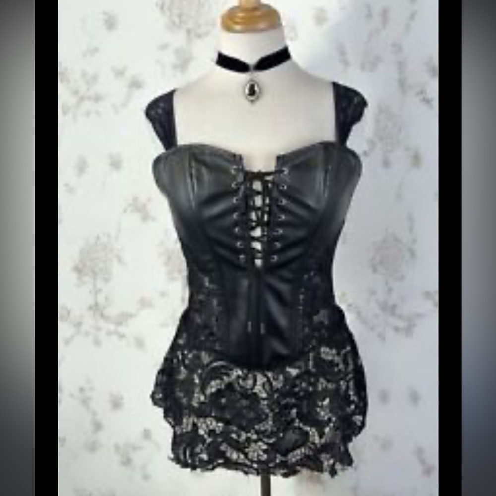 Black Lace and faux Leather Corset Dress M